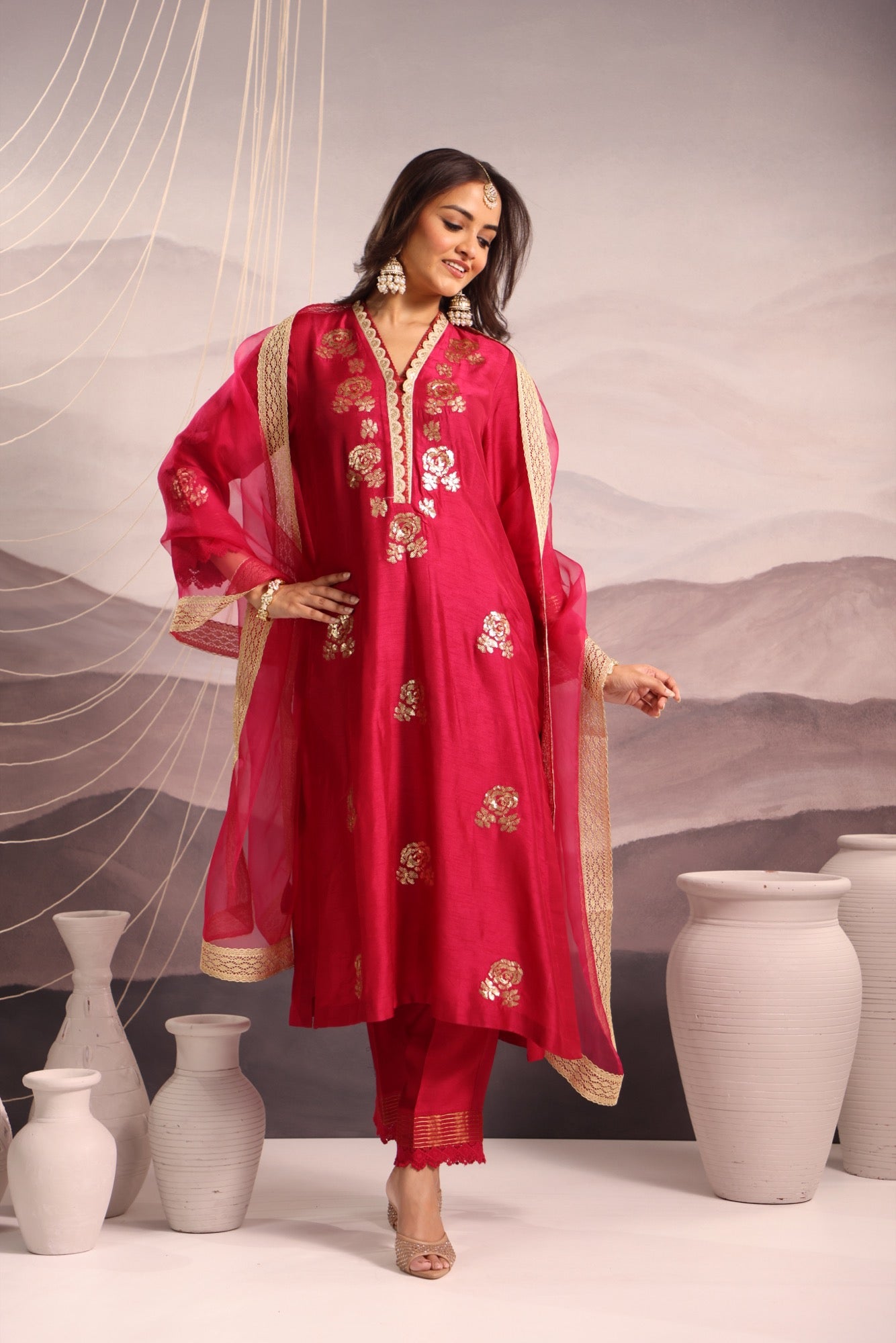 Deep Magenta Silk Kurta Set with Sequin Embroidery