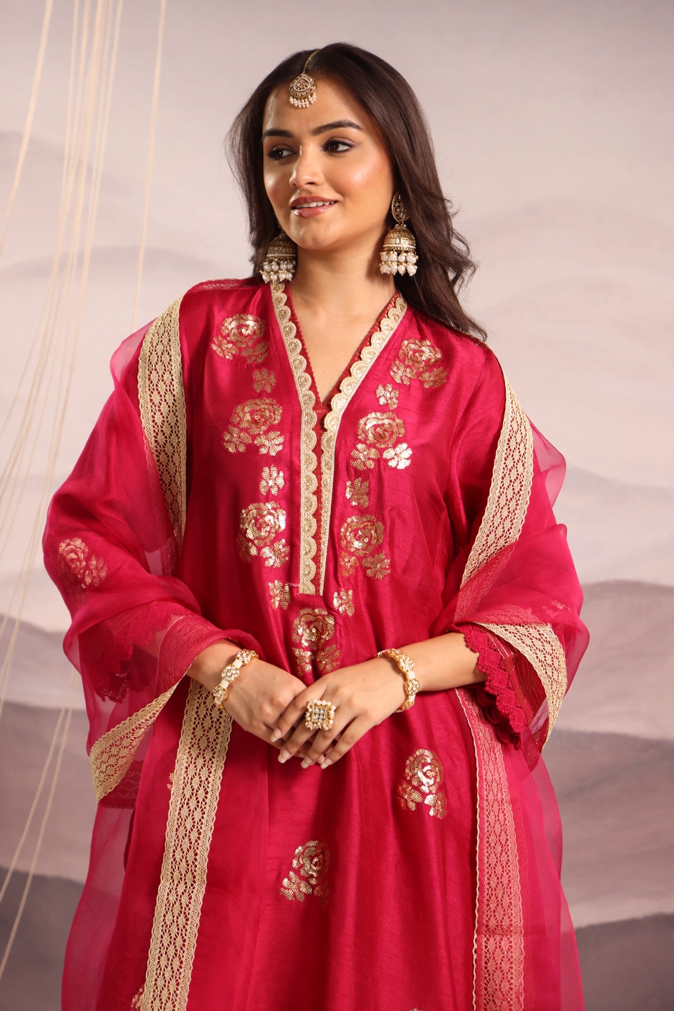 Deep Magenta Silk Kurta Set with Sequin Embroidery