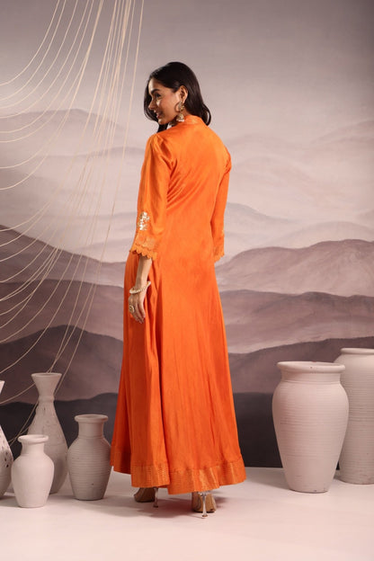 Orange sequin embroidered flared panelled kurta