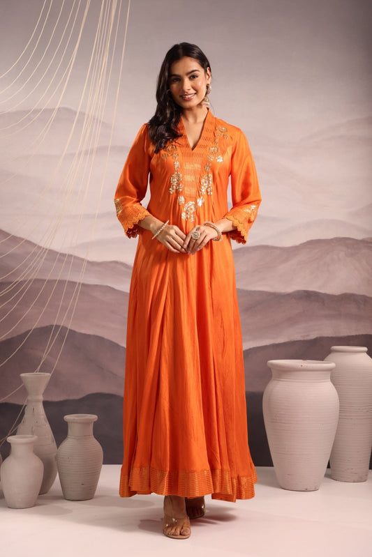 Orange sequin embroidered flared panelled kurta