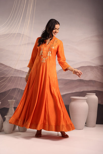 Orange sequin embroidered flared panelled kurta