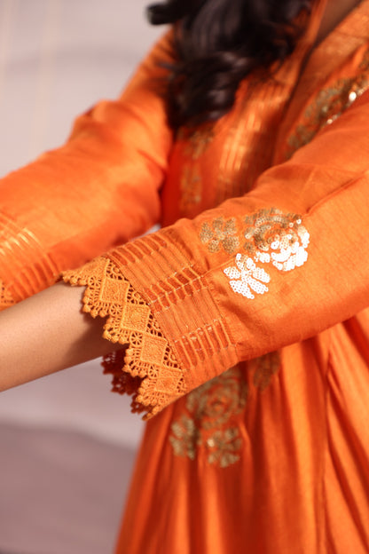 Orange sequin embroidered flared panelled kurta