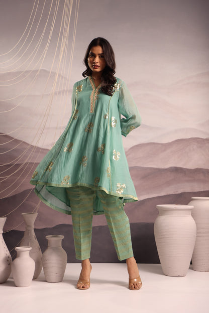 Aqua Mul Chanderi High-Low Kurta with Sequin Floral Embroidery and Tissue Pants