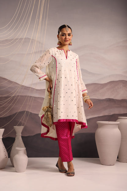 Off White Mirror-Embroidered High-Low Kurta with Magenta Brocade Pants