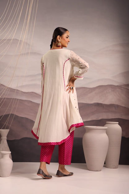 Off White Mirror-Embroidered High-Low Kurta with Magenta Brocade Pants