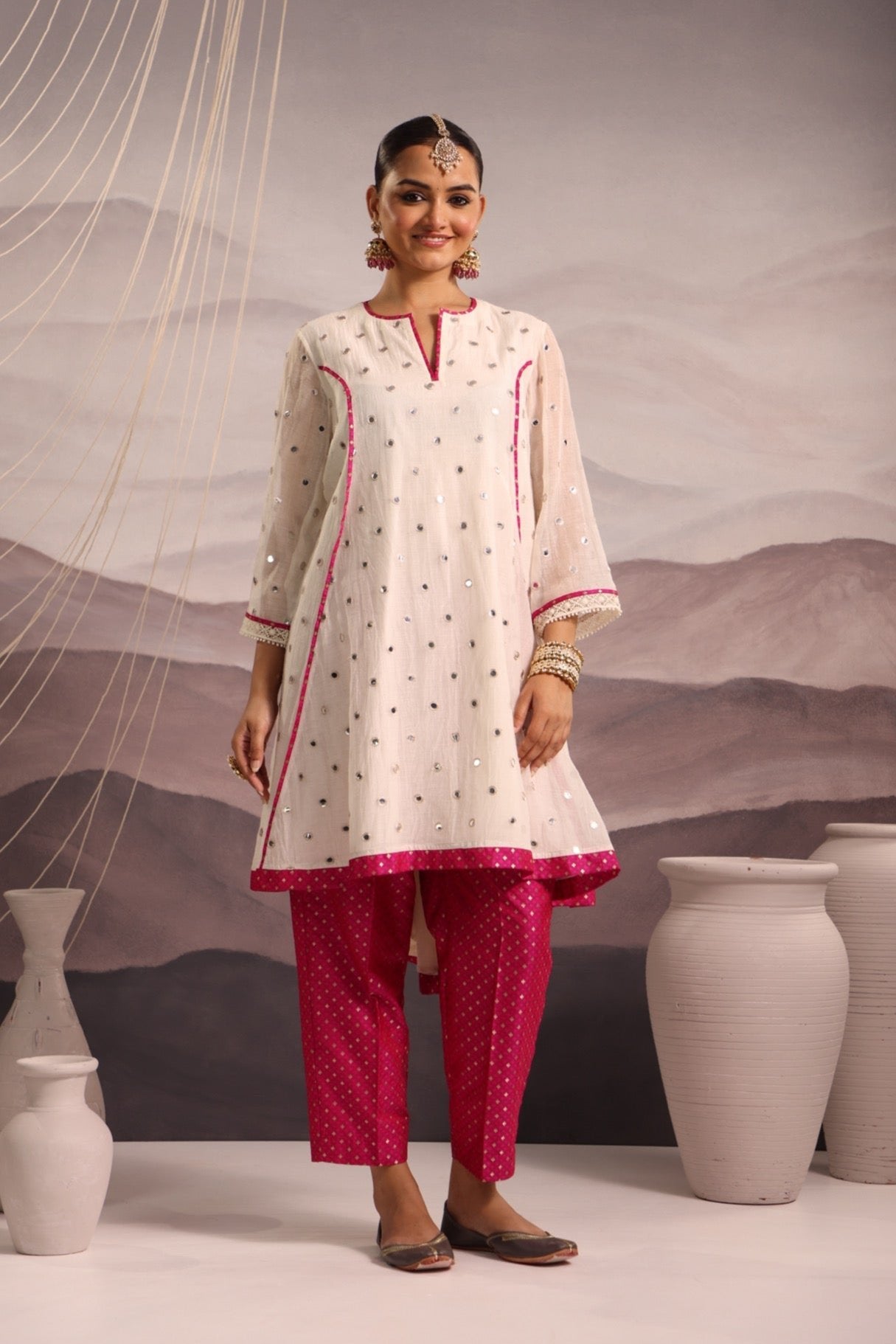 Off White Mirror-Embroidered High-Low Kurta with Magenta Brocade Pants