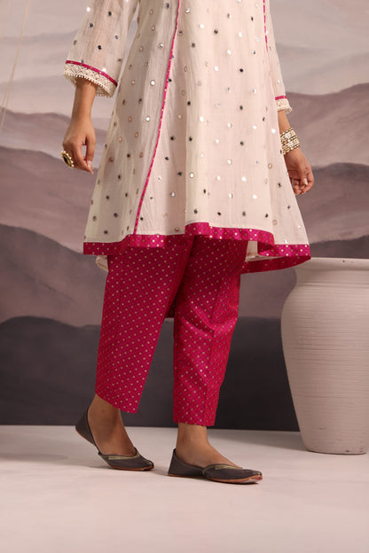 Off White Mirror-Embroidered High-Low Kurta with Magenta Brocade Pants