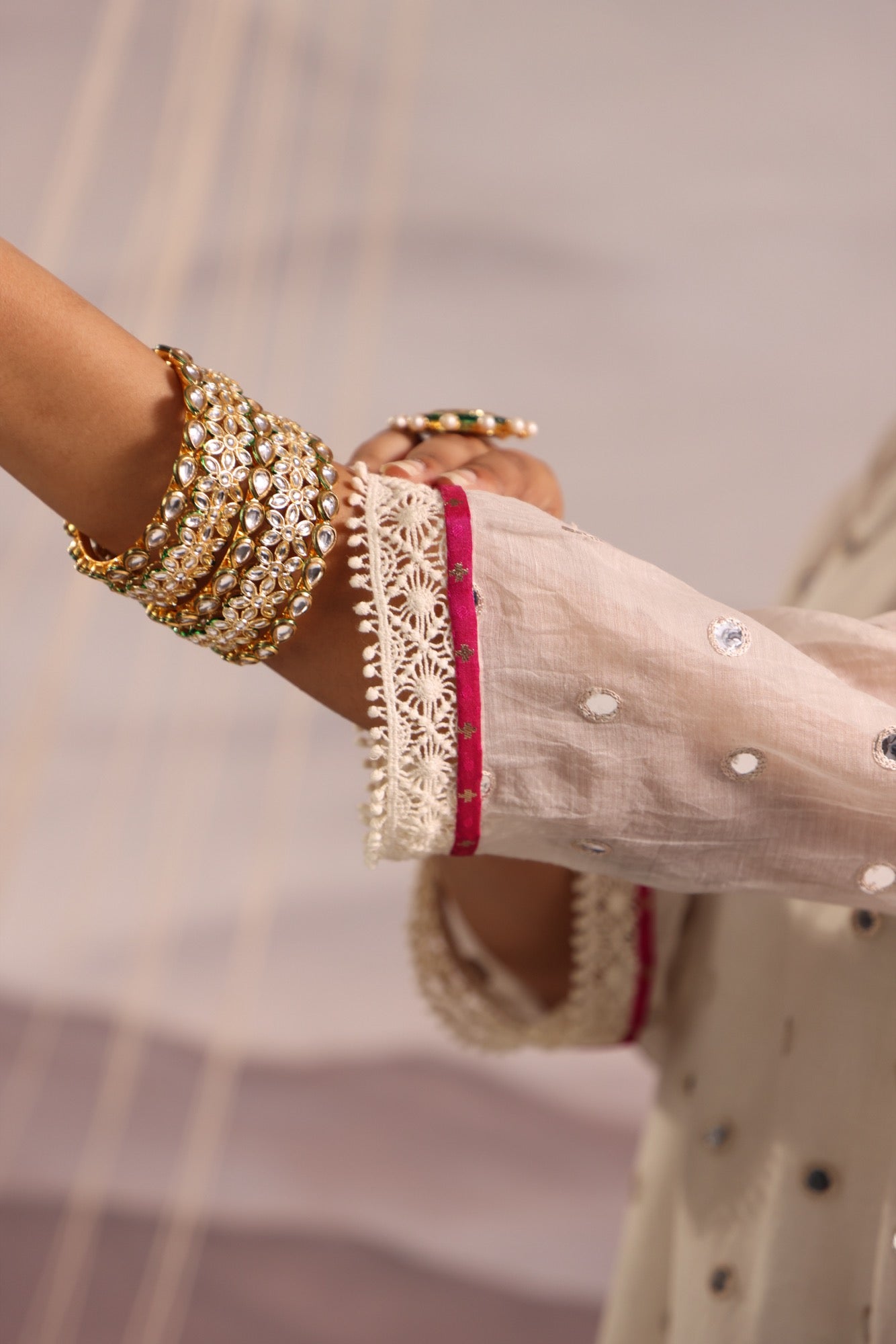 Off White Mirror-Embroidered High-Low Kurta with Magenta Brocade Pants