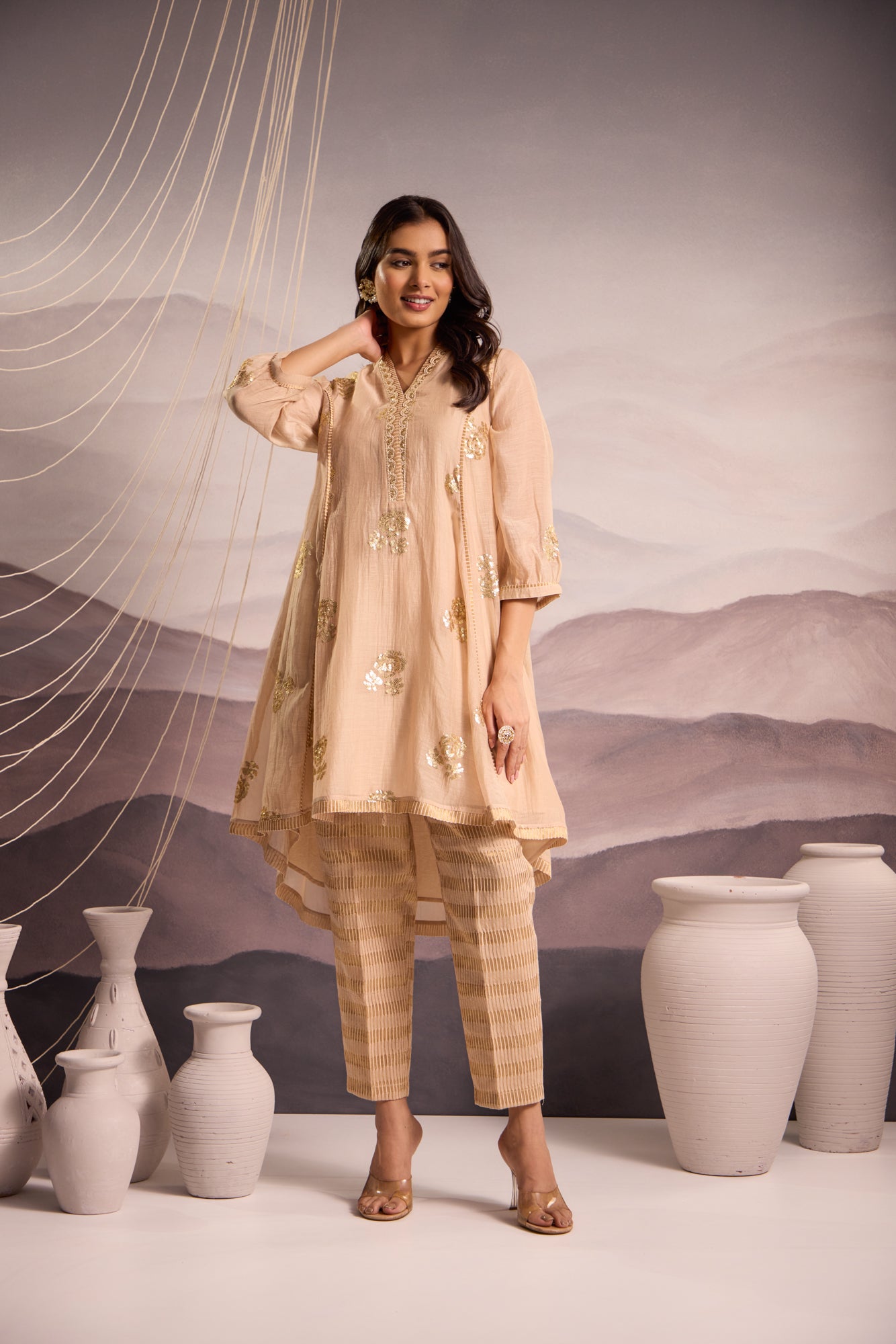 Beige Mul Chanderi High-Low Kurta with Sequin Floral Embroidery and Tissue Pants