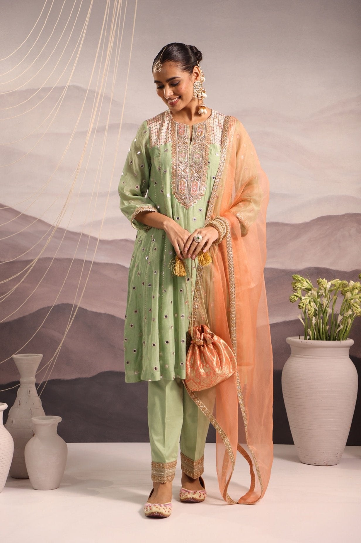 Sea-Green Mirror Embroidered Kurta Set With Sea-Peach Accent