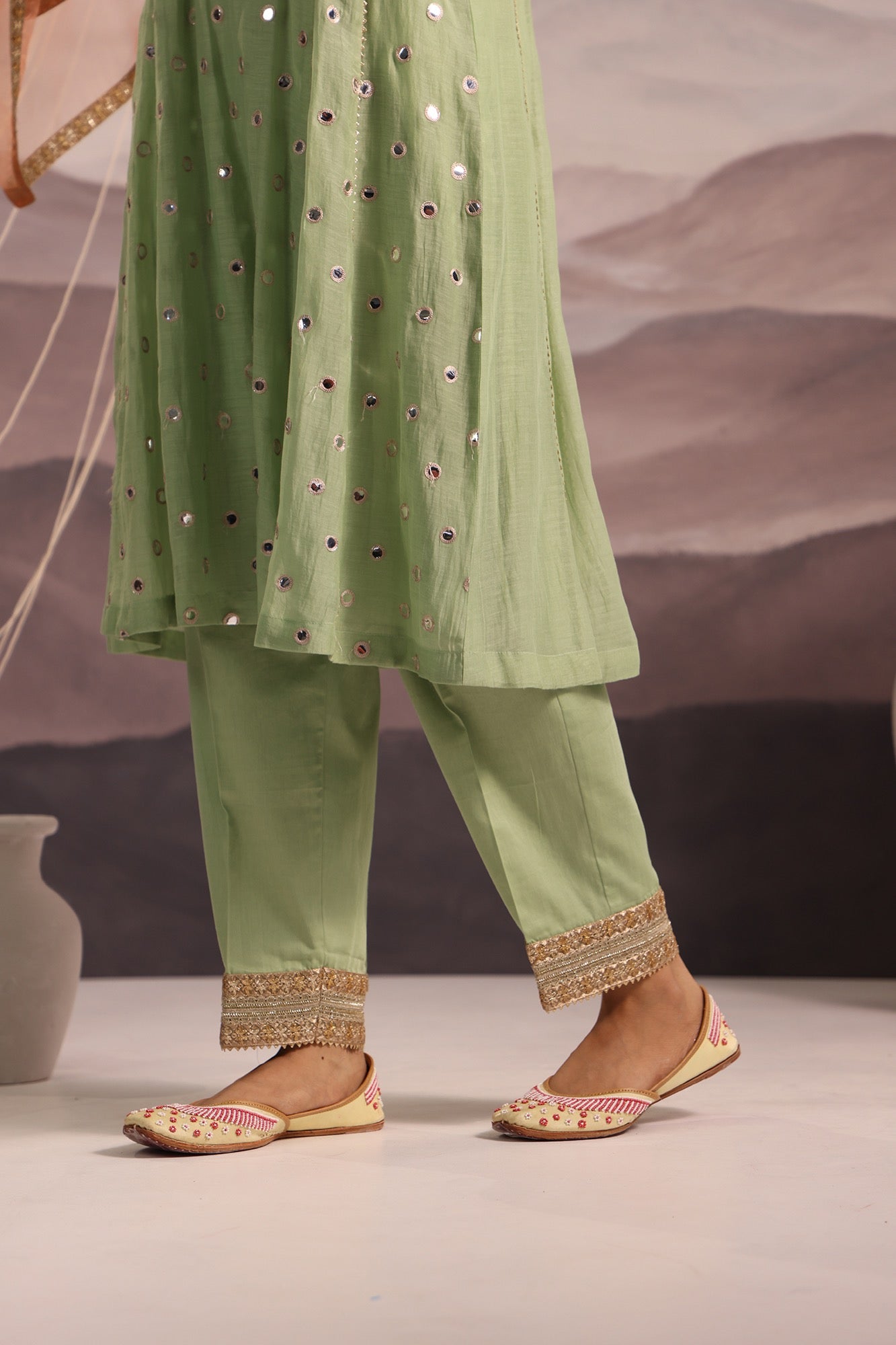 Sea-Green Mirror Embroidered Kurta Set With Sea-Peach Accent