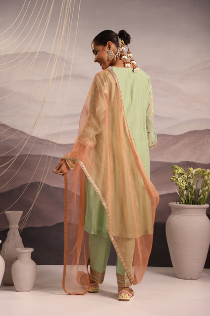 Sea-Green Mirror Embroidered Kurta Set With Sea-Peach Accent