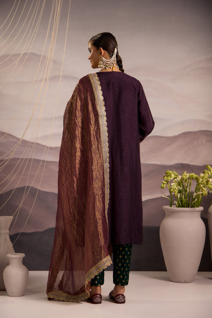 Wine Silk Kalidaar Kurta Set with Hand-Embroidered Yoke & Lilac Dupatta