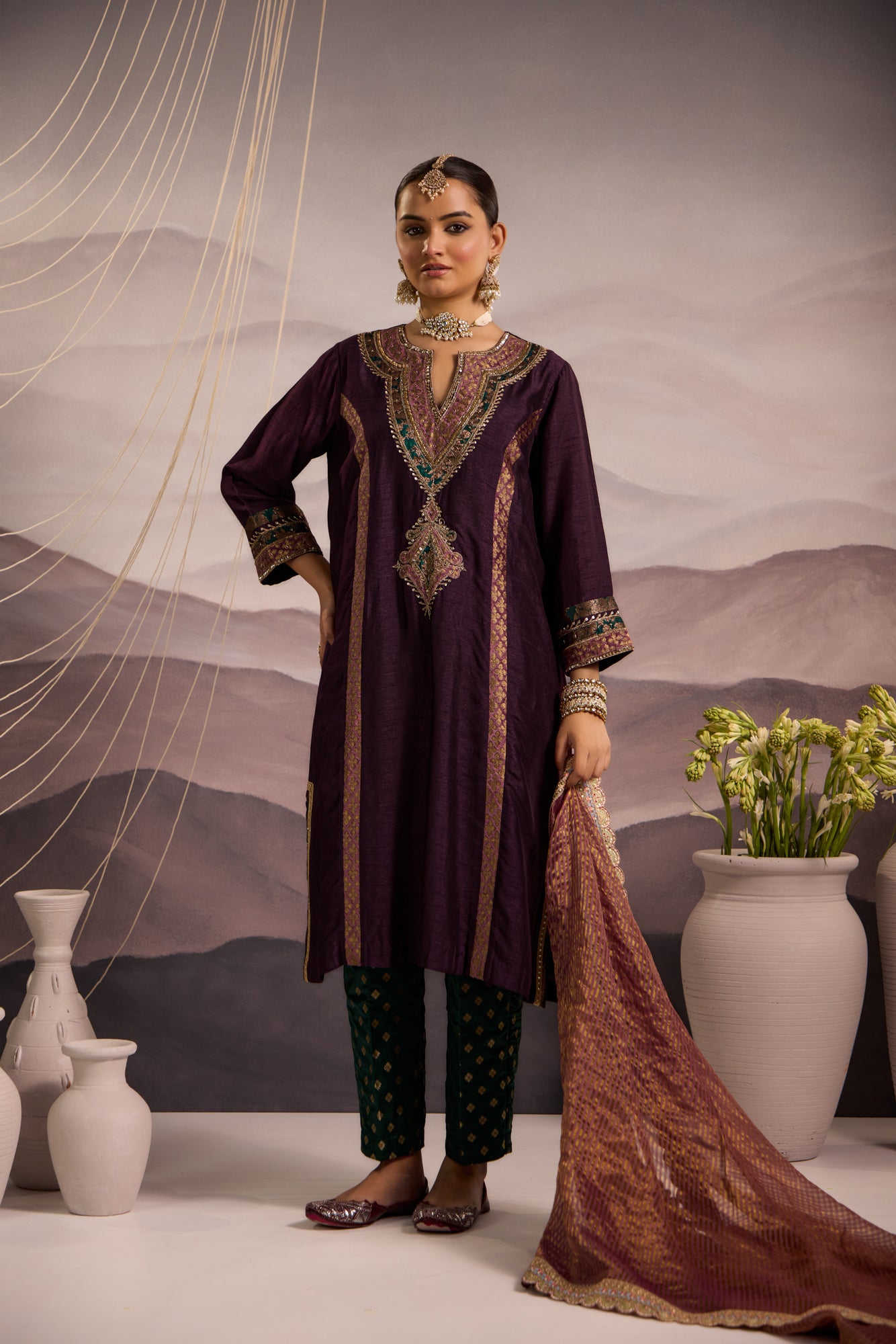 Wine Silk Kalidaar Kurta Set with Hand-Embroidered Yoke & Lilac Dupatta