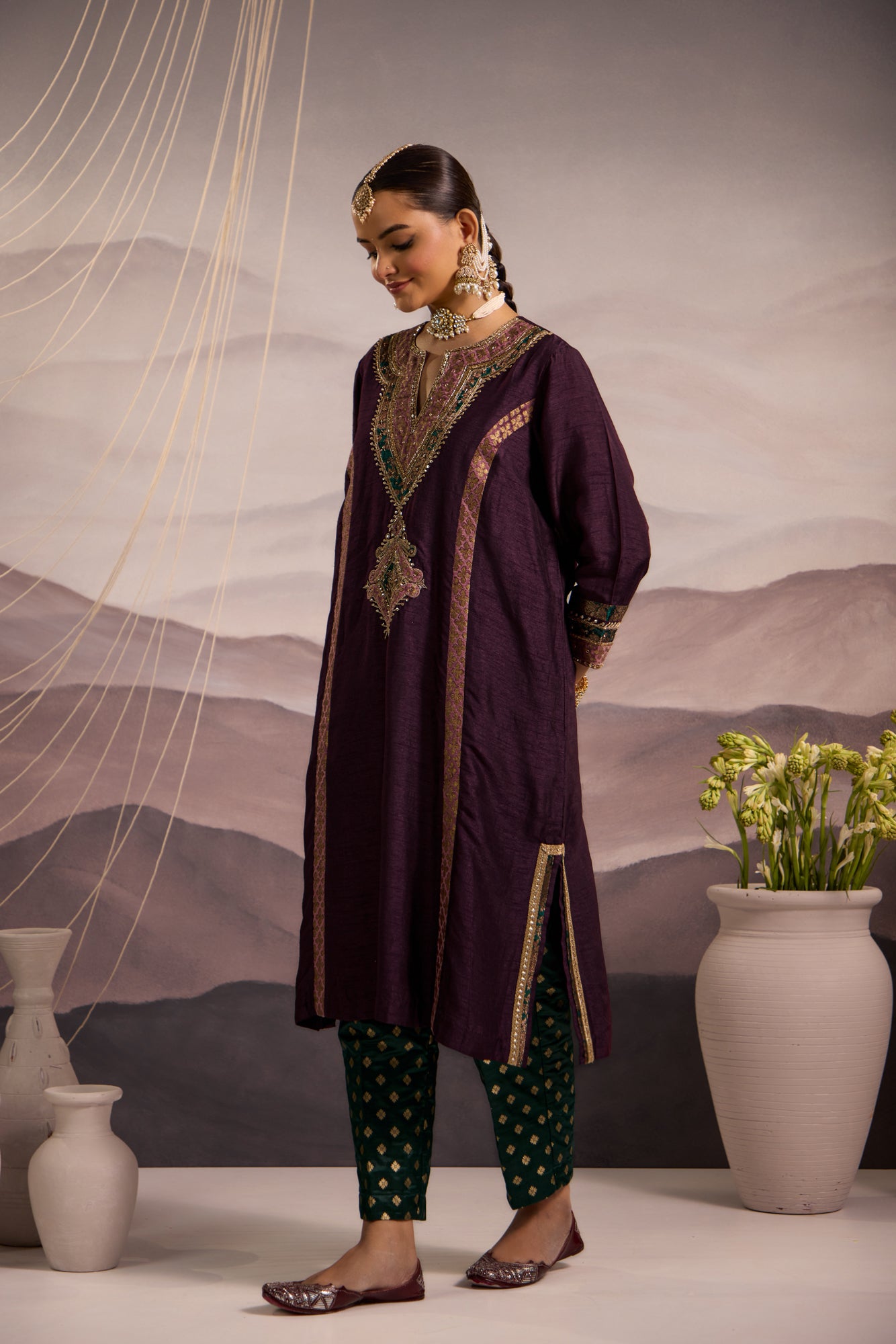 Wine Silk Kalidaar Kurta Set with Hand-Embroidered Yoke & Lilac Dupatta