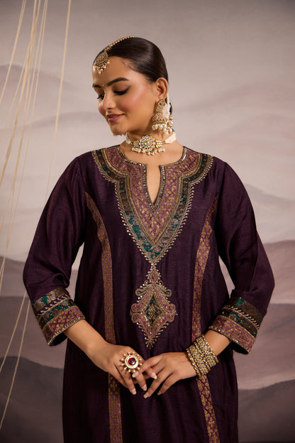 Wine Silk Kalidaar Kurta Set with Hand-Embroidered Yoke & Lilac Dupatta