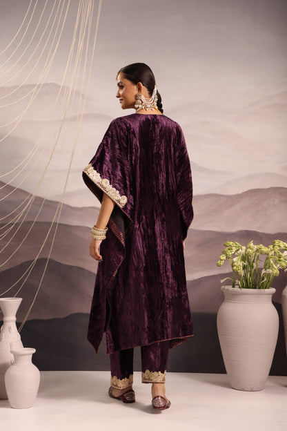 Wine Velvet Hand-Embroidered Kaftan with Dabka & Sequin Detailing