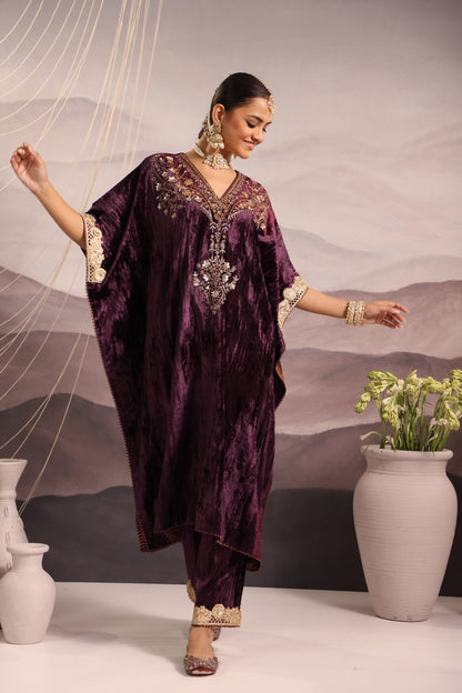 Wine Velvet Hand-Embroidered Kaftan with Dabka & Sequin Detailing