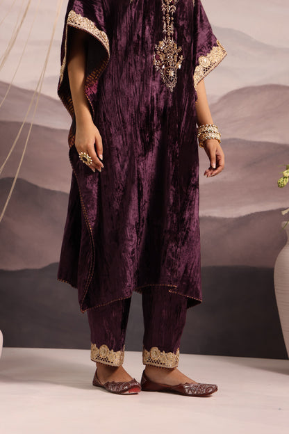 Wine Velvet Hand-Embroidered Kaftan with Dabka & Sequin Detailing