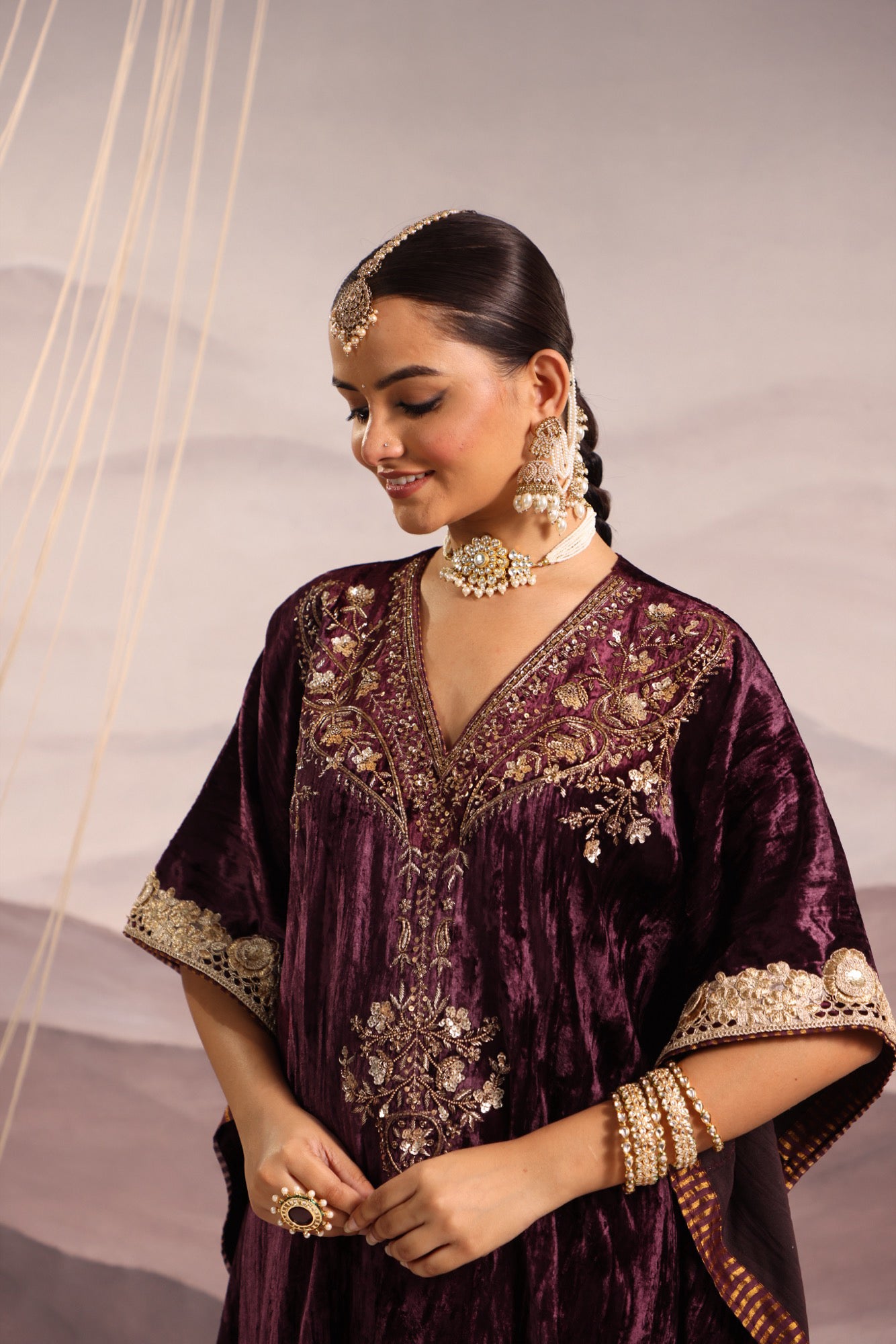 Wine Velvet Hand-Embroidered Kaftan with Dabka & Sequin Detailing