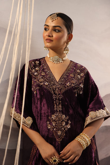 Wine Velvet Hand-Embroidered Kaftan with Dabka & Sequin Detailing