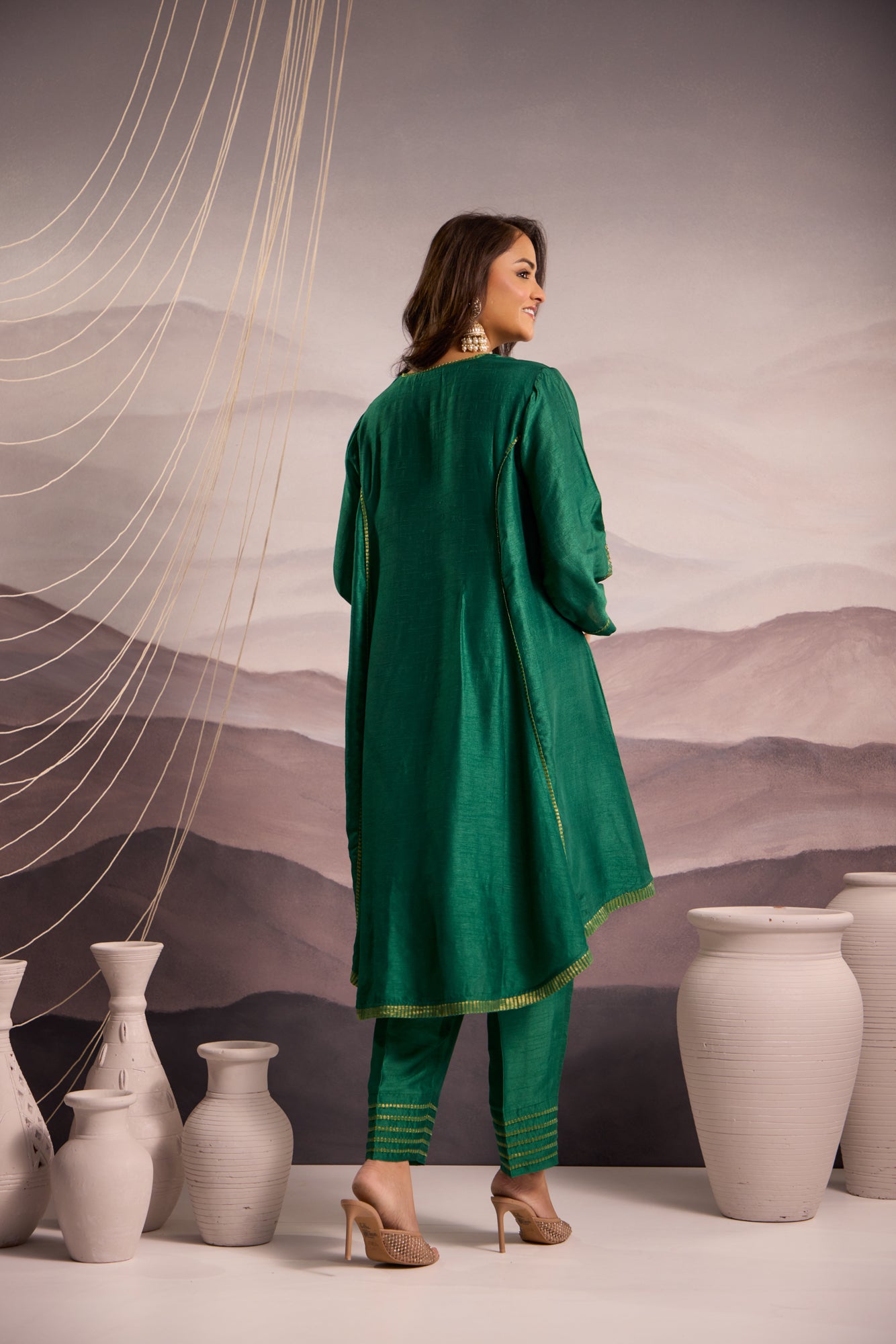 Emerald Green Flared High Low Silk Kurta Set