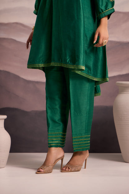 Emerald Green Flared High Low Silk Kurta Set