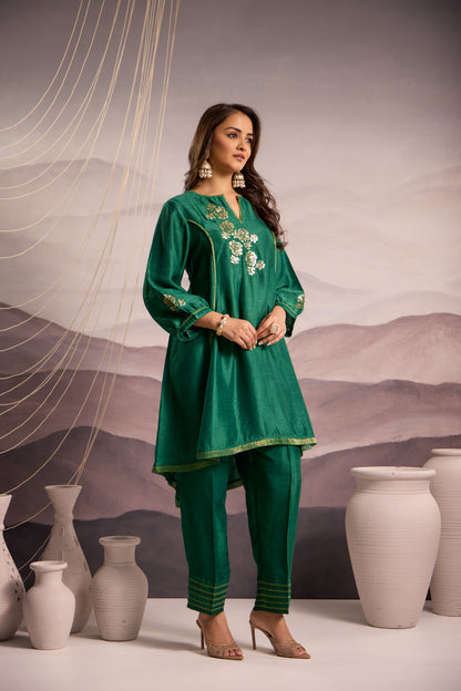 Emerald Green Flared High Low Silk Kurta Set