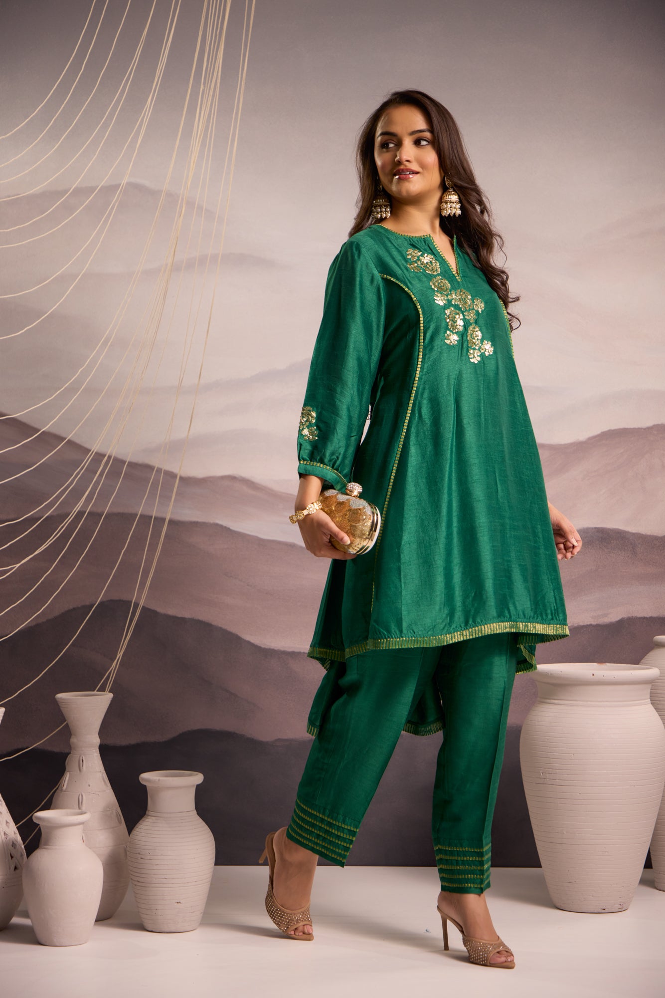 Emerald Green Flared High Low Silk Kurta Set