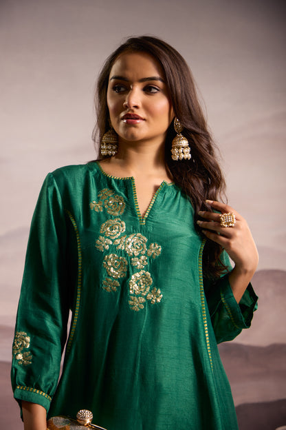 Emerald Green Flared High Low Silk Kurta Set