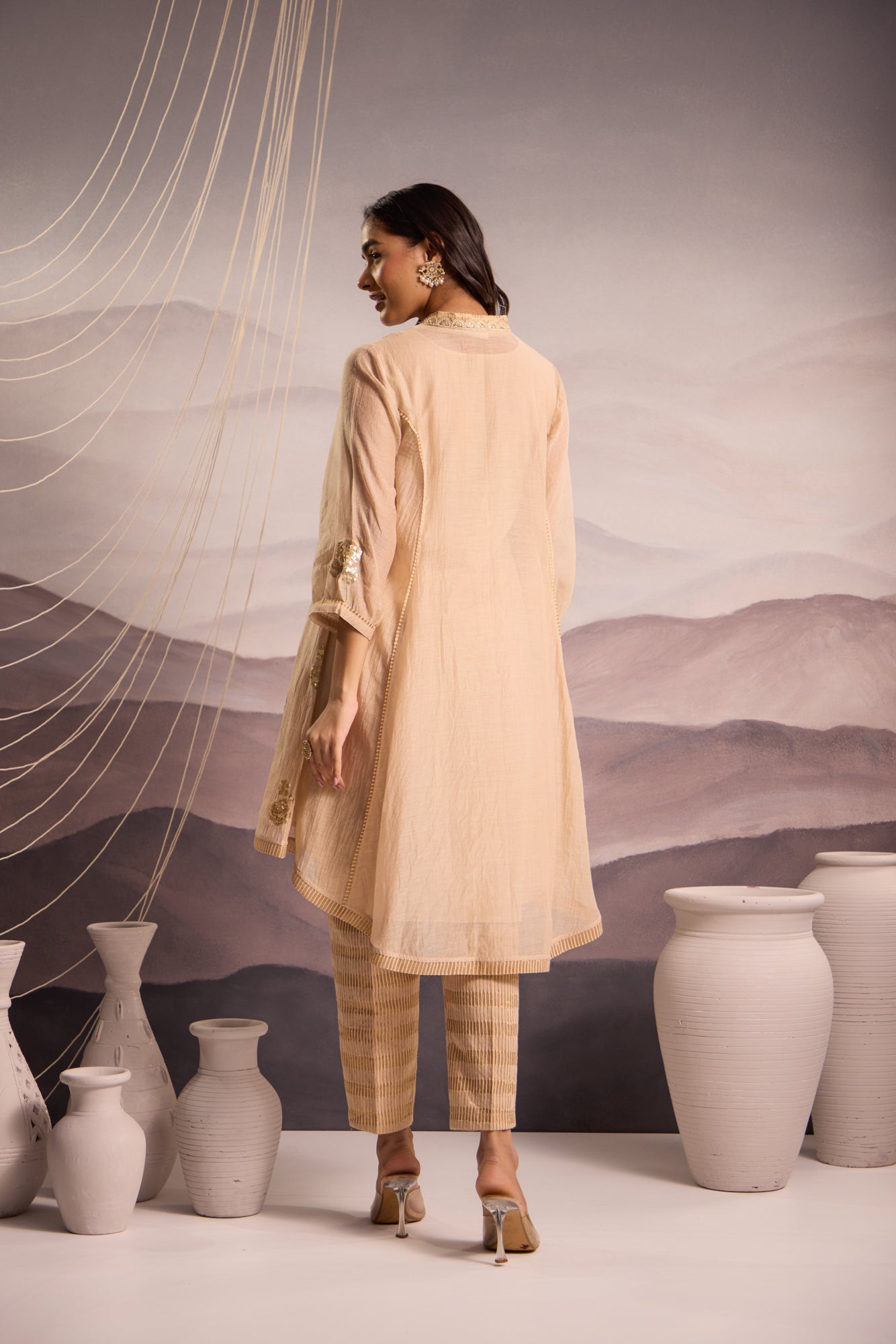 Beige Mul Chanderi High-Low Kurta with Sequin Floral Embroidery and Tissue Pants