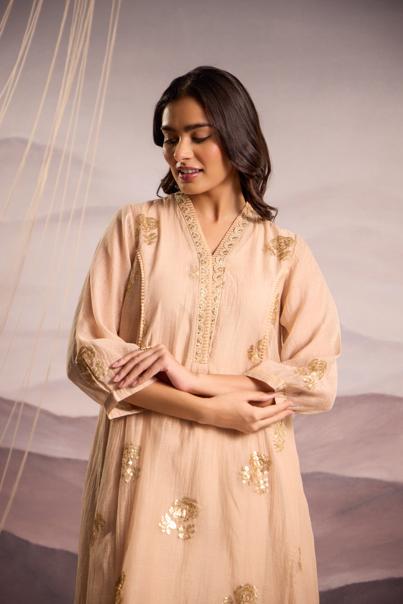 Beige Mul Chanderi High-Low Kurta with Sequin Floral Embroidery and Tissue Pants