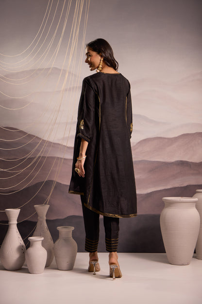 Black Flared High Low Silk Kurta Set