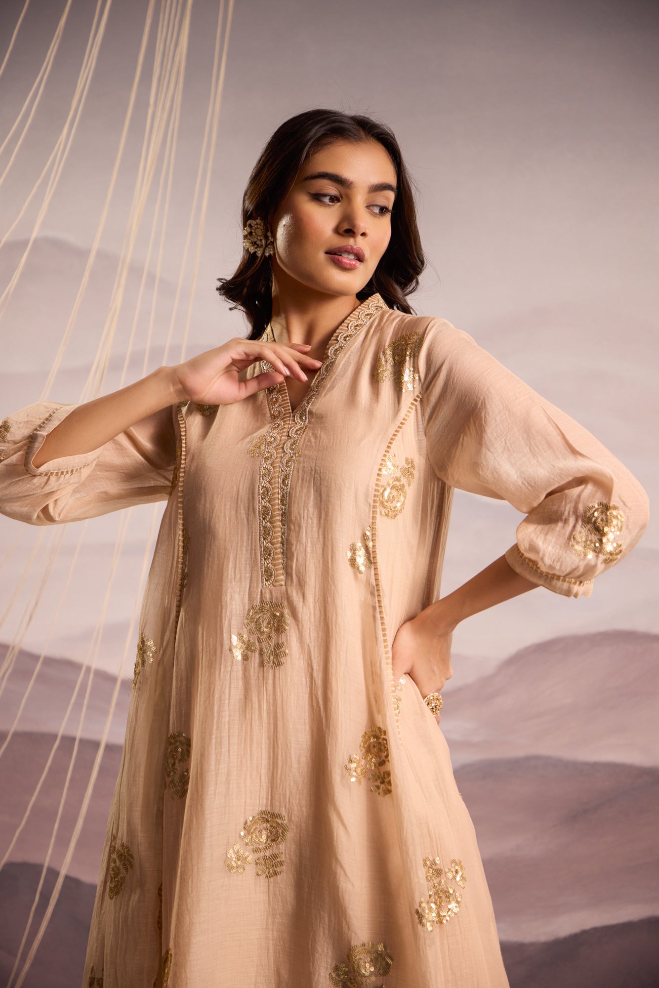 Beige Mul Chanderi High-Low Kurta with Sequin Floral Embroidery and Tissue Pants