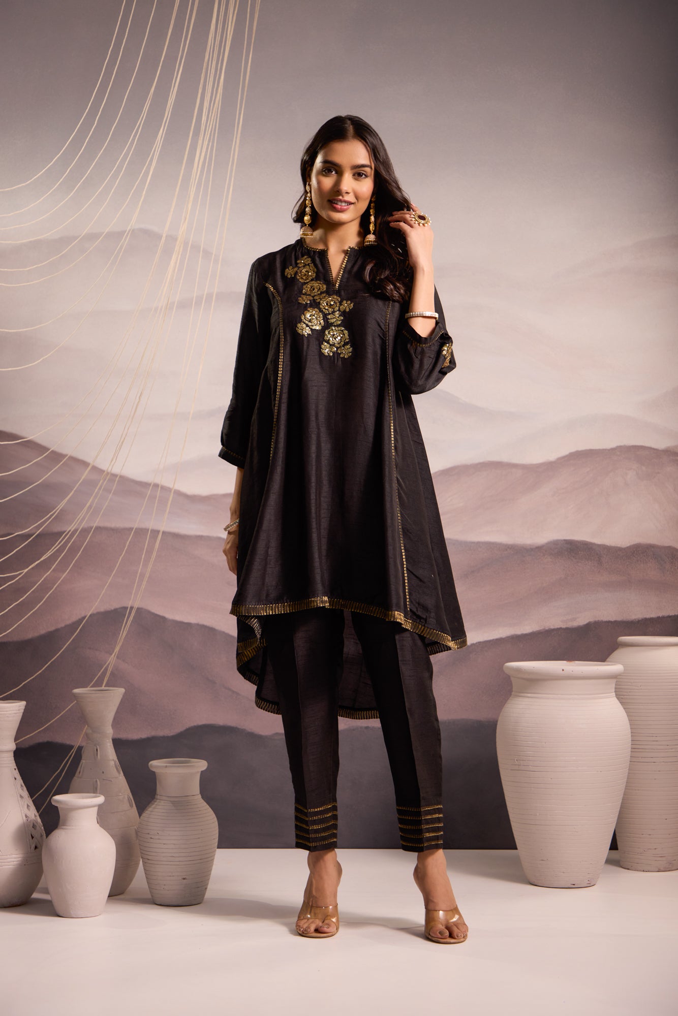 Black Flared High Low Silk Kurta Set