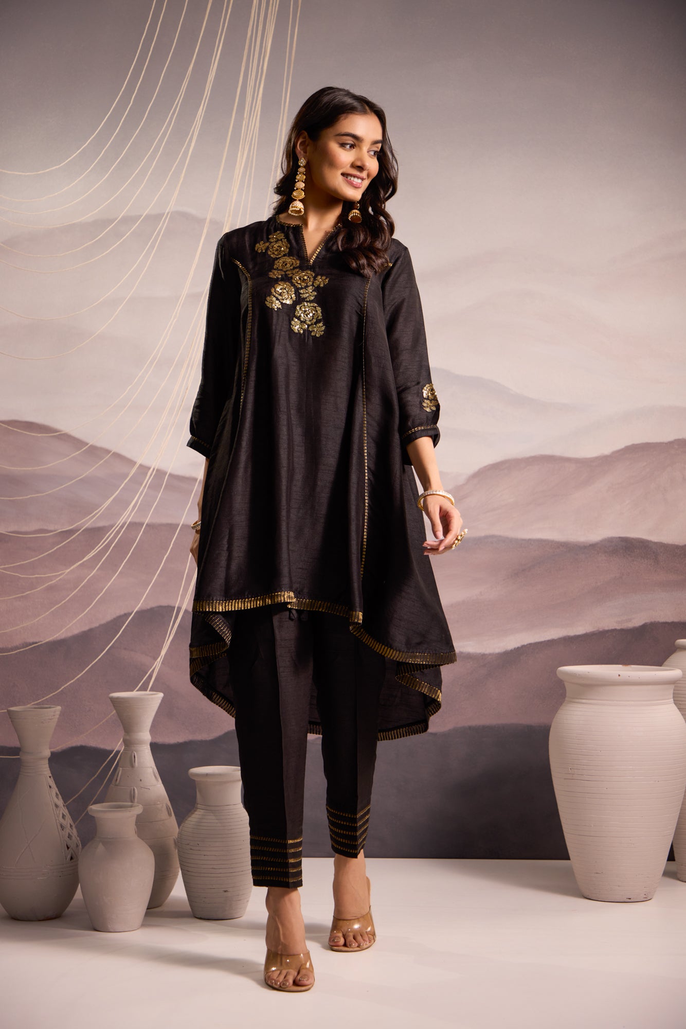 Black Flared High Low Silk Kurta Set