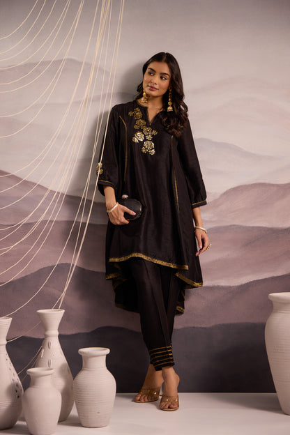 Black Flared High Low Silk Kurta Set