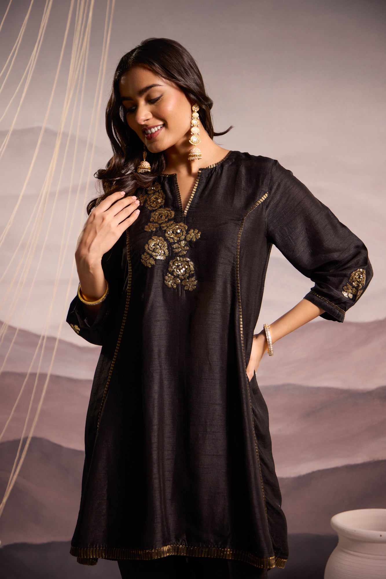 Black Flared High Low Silk Kurta Set