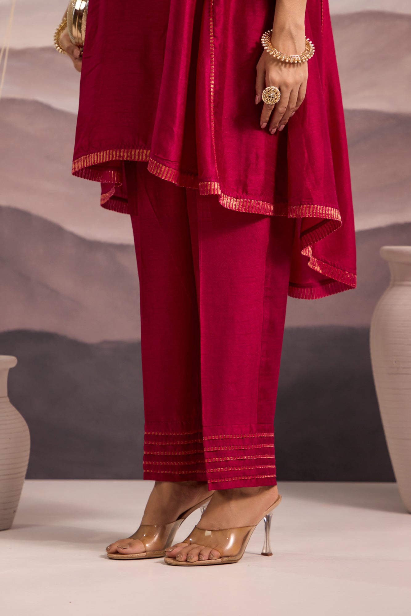 Deep Magenta Flared High Low Silk Kurta Set