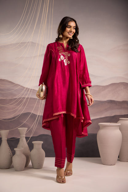 Deep Magenta Flared High Low Silk Kurta Set