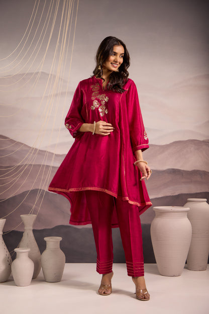 Deep Magenta Flared High Low Silk Kurta Set