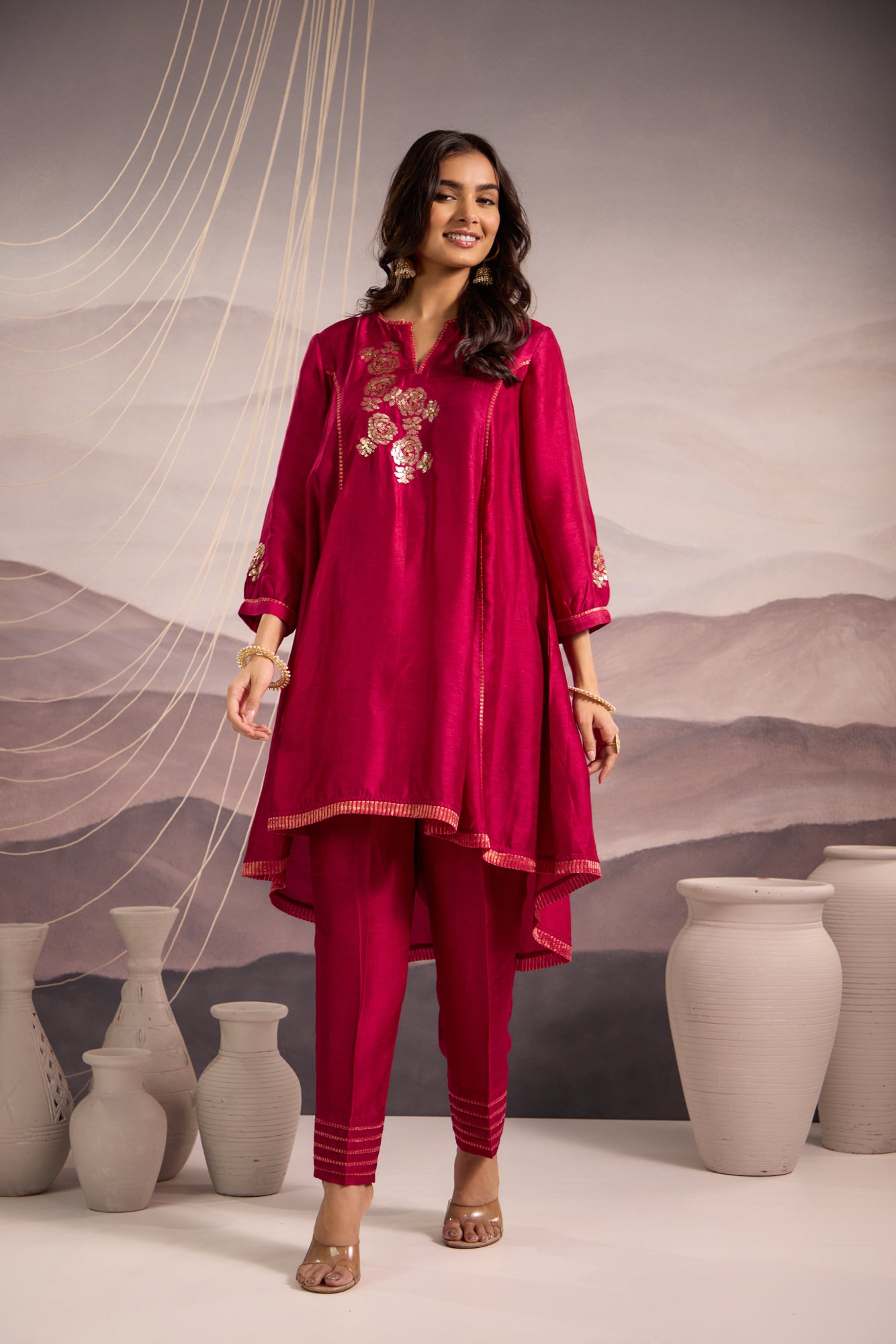 Deep Magenta Flared High Low Silk Kurta Set