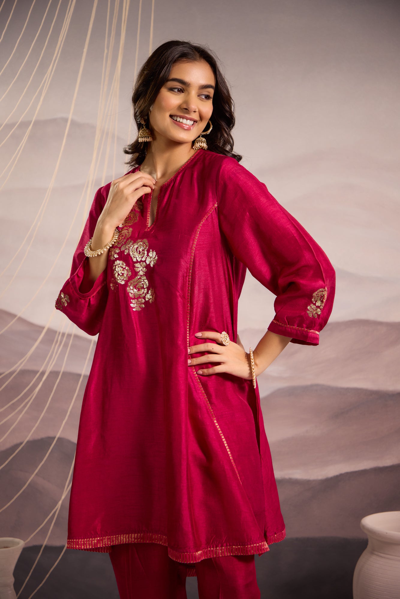 Deep Magenta Flared High Low Silk Kurta Set