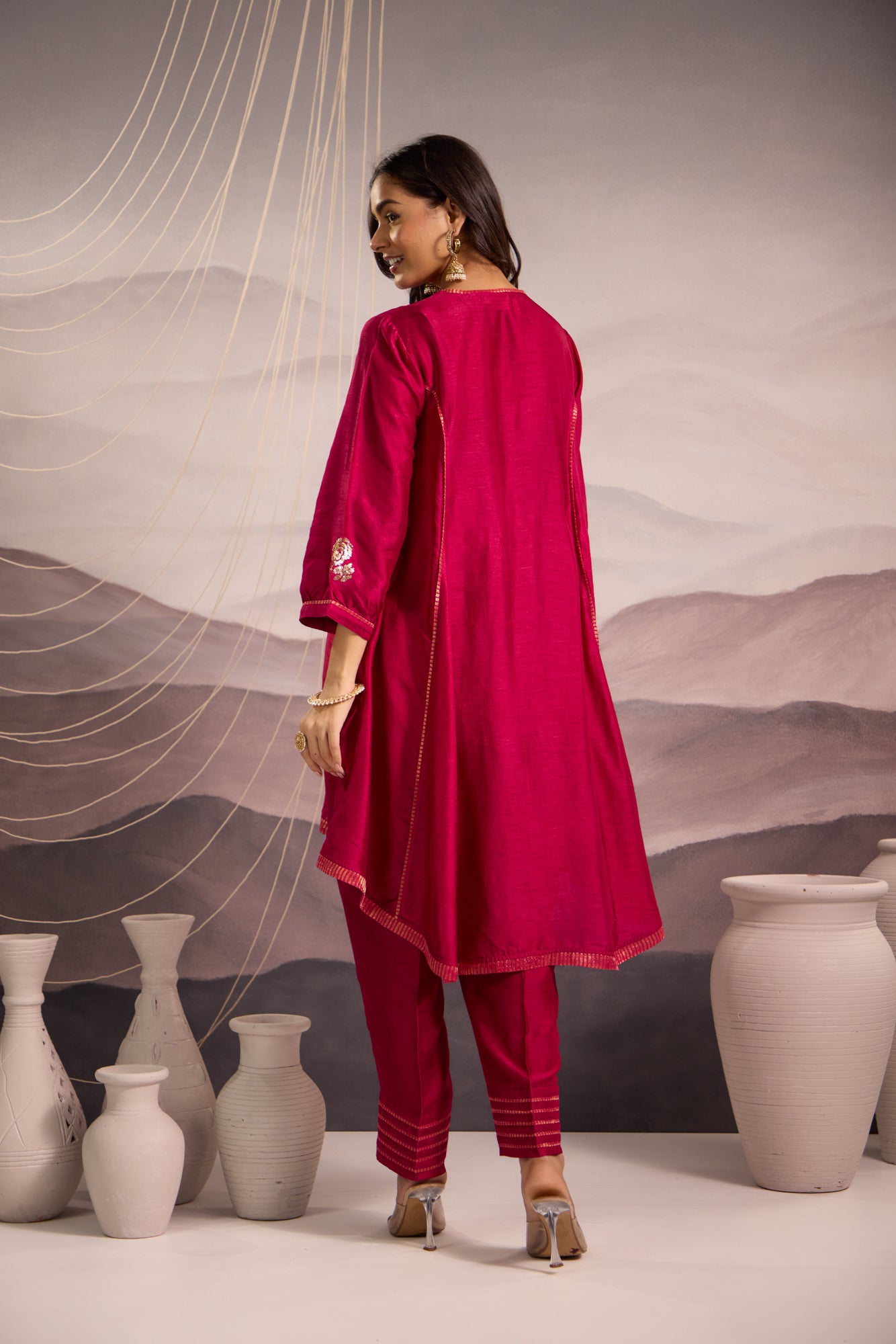 Deep Magenta Flared High Low Silk Kurta Set