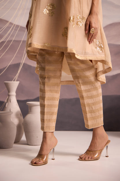 Beige Mul Chanderi High-Low Kurta with Sequin Floral Embroidery and Tissue Pants