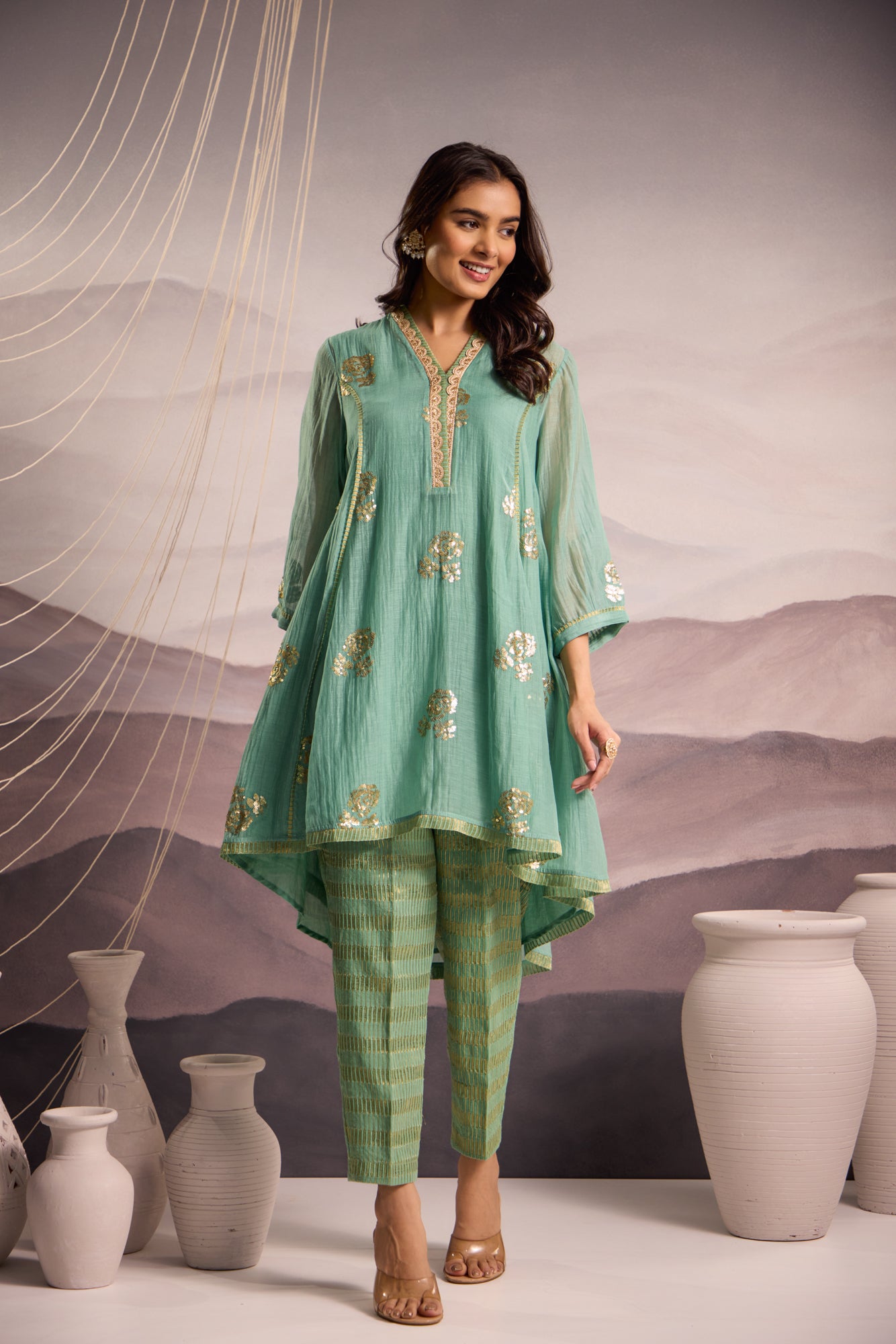 Aqua Mul Chanderi High-Low Kurta with Sequin Floral Embroidery and Tissue Pants