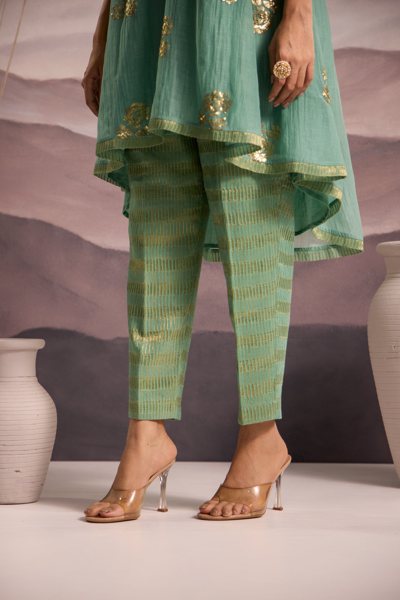 Aqua Mul Chanderi High-Low Kurta with Sequin Floral Embroidery and Tissue Pants