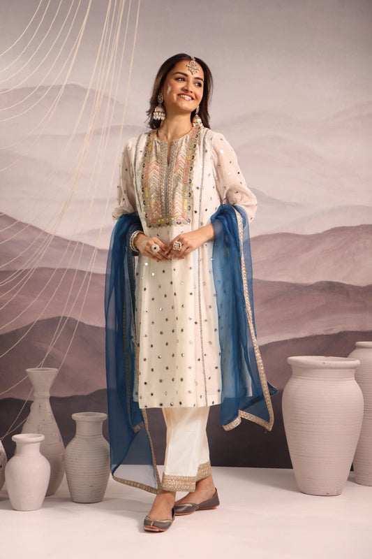 Off White Mirror Embroidered Kurta Set With Blue Accents