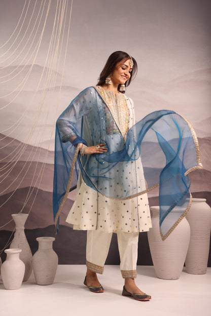 Off White Mirror Embroidered Kurta Set With Blue Accents