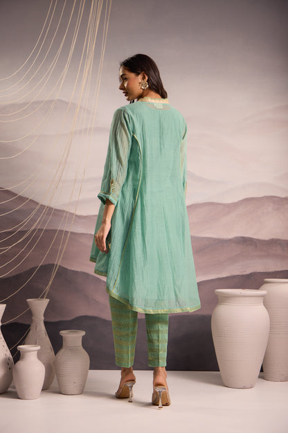 Aqua Mul Chanderi High-Low Kurta with Sequin Floral Embroidery and Tissue Pants